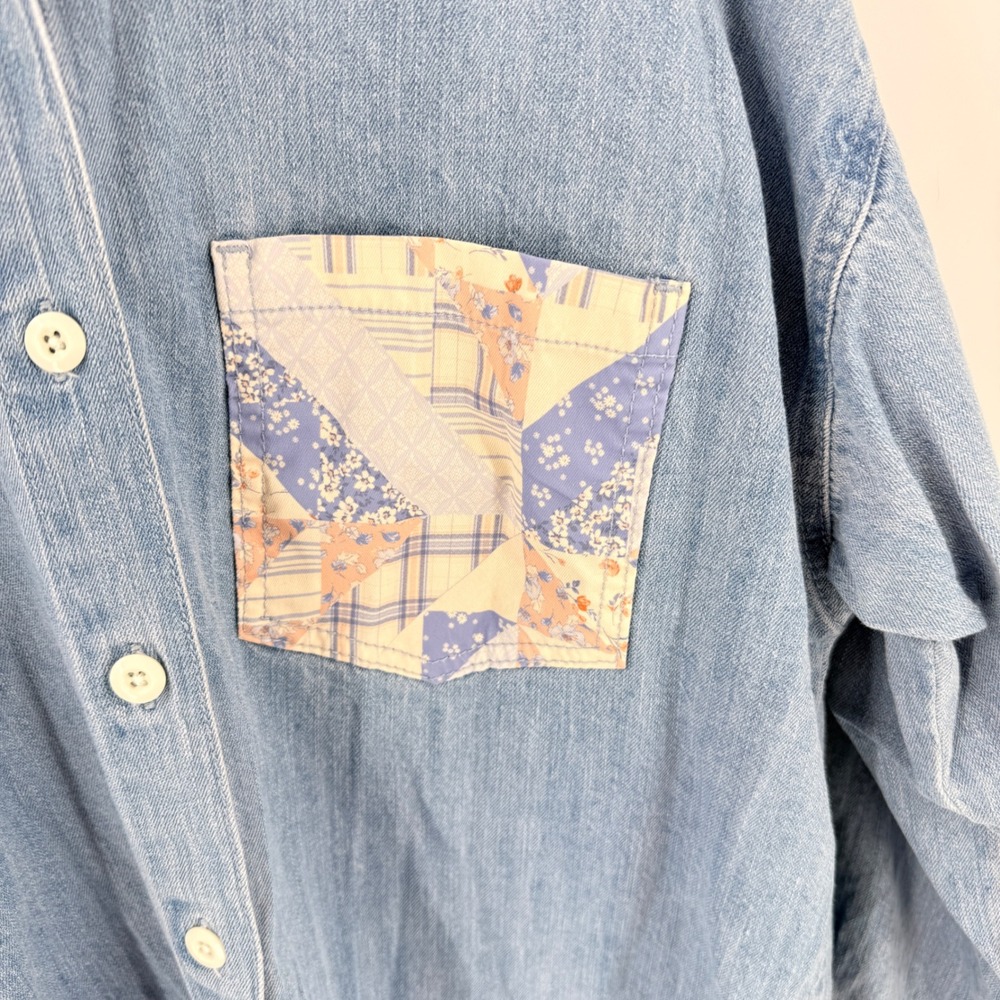 Forever 21 Patchwork Chambray Denim Button Down Size L Cottagecore Retro Plaid - Picture 4 of 8